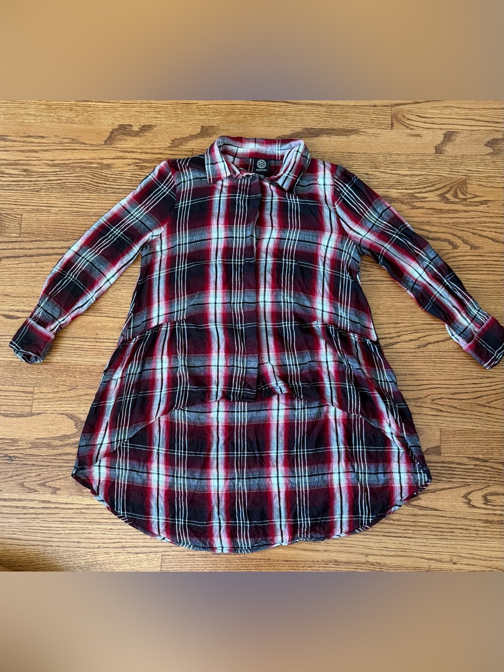 Bobeau Plaid Long-Sleeve Tunic Shirt - Red/Black size L